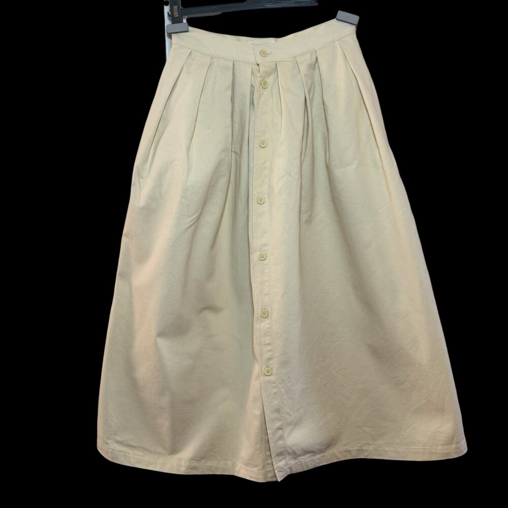 1980's Calvin Klein Sport 100% Cotton Pleated Yellow Button Front Midi Skirt